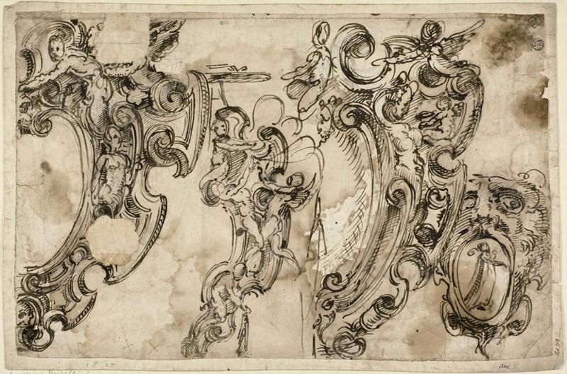 Sketches of Decorative Motifs (recto), Sketch of Decorative Motif (verso), 1629/60, Attributed to Agostino Mitelli, Italian, 1609-1660, Italy, Pen and brown ink, over traces of graphite (recto and verso) on ivory laid paper, both edge mounted on ivory laid paper, 280 x 430 mm