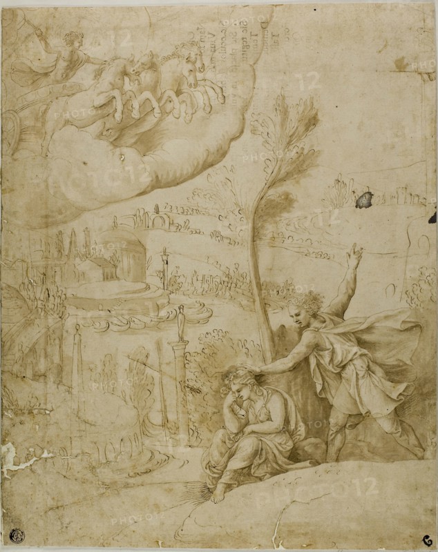 Study for the Omen of the Future Greatness of Augustus: Left Portion, n.d., after Giulio Pippi, called Giulio Romano, Italian, c. 1499-1546, Italy, Pen and brown ink with brush and brown wash, on ivory laid paper, laid down on ivory laid paper, tipped on to cream wove card, 372 x 295 mm