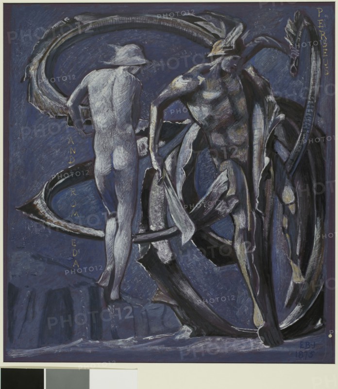 Perseus and Andromeda, study for The Doom Fulfilled, 1875, Sir Edward Burne-Jones, English, 1833-1898, England, Gouache with gold paint on board, 330 × 303 mm