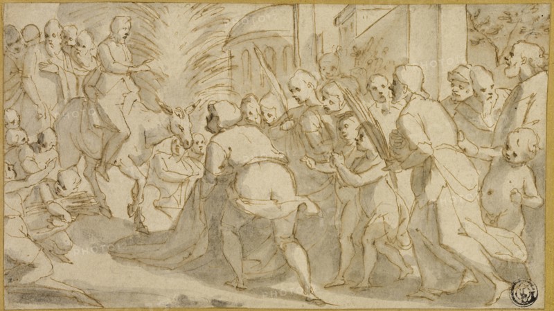 Christ Entering Jerusalem, 1595/99, Andrea Boscoli, Italian, 1560-1608, Italy, Pen and brown ink, with brush and gray wash, over traces of black chalk, on ivory laid paper, laid down on ivory laid card, 109 x 194 mm