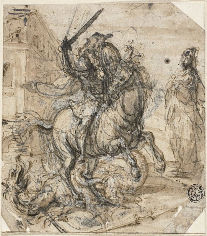 Saint George and the Dragon, n.d., Attributed to Carlo Urbino, Italian, active 1535-1585, Italy, Pen and brown ink, with brush and brown wash, heightened with lead white (partially discolored), over black chalk, on ivory laid paper, laid down on ivory laid paper, 132 x 116 mm