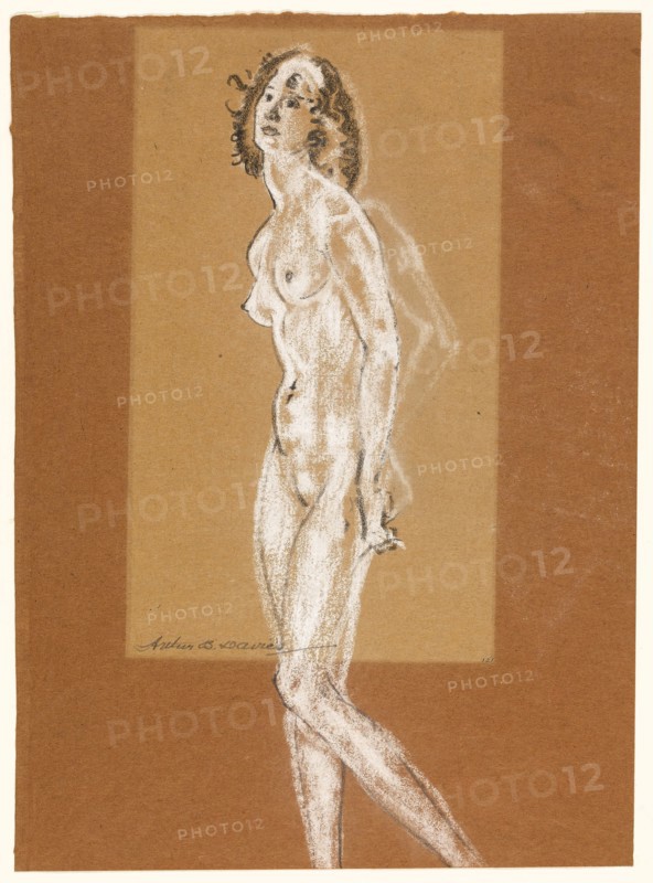 Standing Female Nude, 1882/93, Arthur B. Davies, American, 1862-1928, United States, Black crayon and white chalk on brown laid paper (partially discolored to tan), 412 x 303 mm
