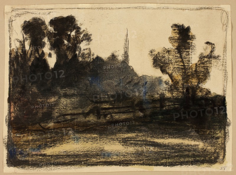 Landscape, n.d., William Morris Hunt, American, 1824-1879, United States, Charcoal over watercolor heightened with white gouache on tan laid paper, 204 x 276 mm