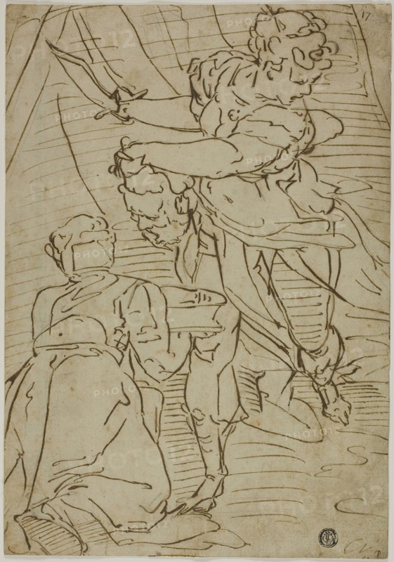 Judith with the Head of Holofernes, 1550/60, School of Luca Cambiaso, Italian, 1527-1585, Italy, Pen and brown ink, over traces of black chalk, on cream laid paper, laid down on ivory laid paper, 294 x 205 mm