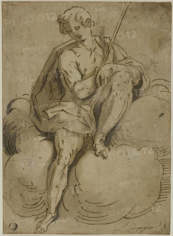 Seated Saint John the Baptist, 1560/70, School of Luca Cambiaso, Italian, 1527-1585, Italy, Pen and brown ink with brush and brown and gray wash, with traces of graphite, on cream laid paper, laid down on cream wove paper, 301 x 220 mm