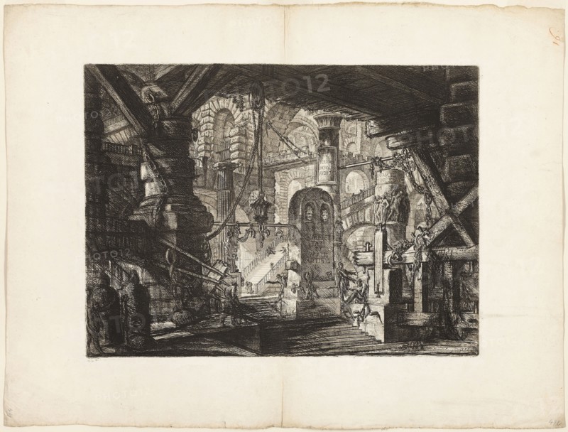 The Pier with Chains, plate 16 from Imaginary Prisons, 1761, Giovanni Battista Piranesi, Italian, 1720-1778, Italy, Etching and engraving on heavy ivory laid paper, 409 x 550 mm (image), 409 x 550 mm (plate), 585 x 778 mm (sheet)