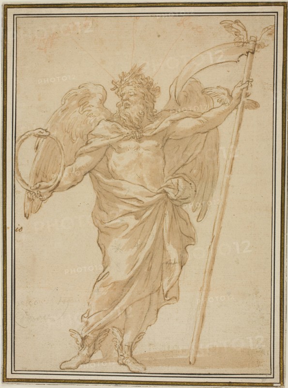 Father Time, n.d., Attributed to Alessandro Algardi, Italian, 1598–1654, Italy, Pen and brown ink and brush and brown wash, over black chalk, with traces of red chalk, on tan laid paper, laid down on ivory laid paper, 270 x 196 mm