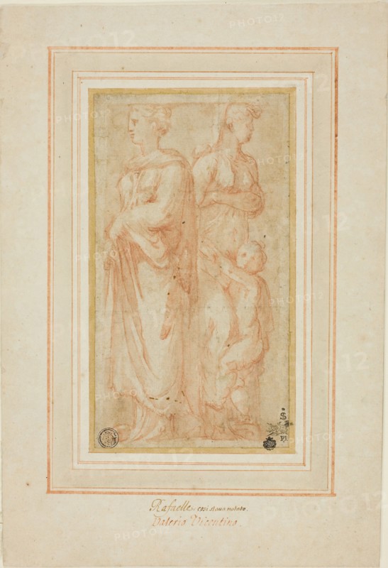 Two Female Figures with Child, 1530/45, Ascribed to Valerio Belli, Italian, c. 1468-1546, Italy, Red chalk with brush and brown wash, on buff laid paper, squared in black chalk, laid down on ivory laid card, 177 x 97 mm