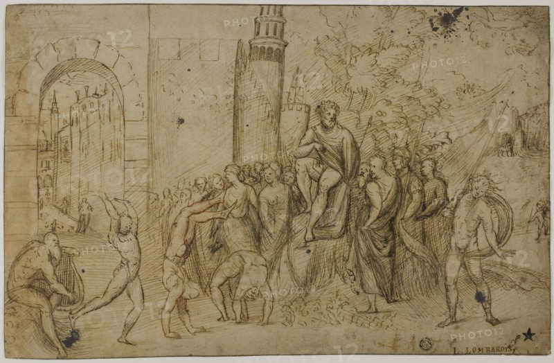 Acrobats Performing Before a Ruler (recto), Outdoor Scene with Group of Figures (verso), c. 1510, Attributed to Giovanni Antonio de’Sacchis, called Il Pordenone, Italian, c. 1483-1539, Italy, Pen and brown ink, with red chalk (recto), and pen and brown ink (verso), on tan laid paper, 261 x 399 mm (max.)