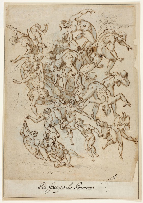 Fall of the Damned (recto) Male Torso (verso), n.d., Circle of Ludovico Cardi, called Il Cigoli, Italian, 1559-1613, Italy, Pen and brown ink with brush and blue wash over black chalk, on tan laid paper, 287 x 202 mm