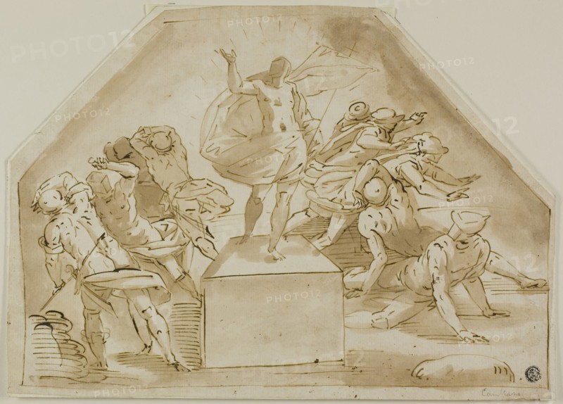 Resurrection, c. 1570, Attributed to Luca Cambiaso, Italian, 1527-1585, Italy, Pen and brown ink with brush and brown wash, over traces of graphite, on ivory laid paper, laid down on ivory laid paper, 242 x 337 mm