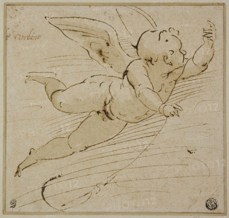 Flying Putto, c. 1581, Attributed to Francesco da Urbino, Italian, c. 1545-1582, Italy, Pen and brown ink, with brush and brown wash, on ivory laid paper, laid down on ivory laid paper, 165 x 172 mm