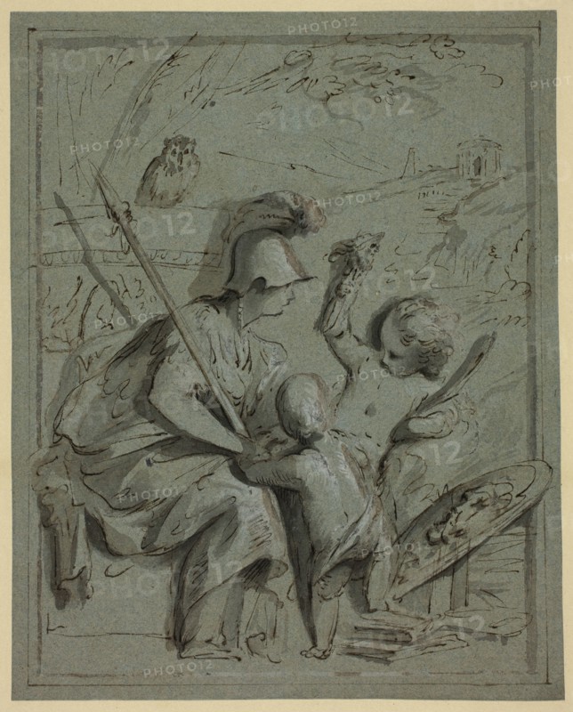 Minerva with Two Putti, n.d., Jacob de Wit, Dutch, 1695-1754, Holland, Pen and brown ink with brush and gray wash, heightened with lead white (partly discolored), on blue laid paper, laid down on card, 210 x 168 mm