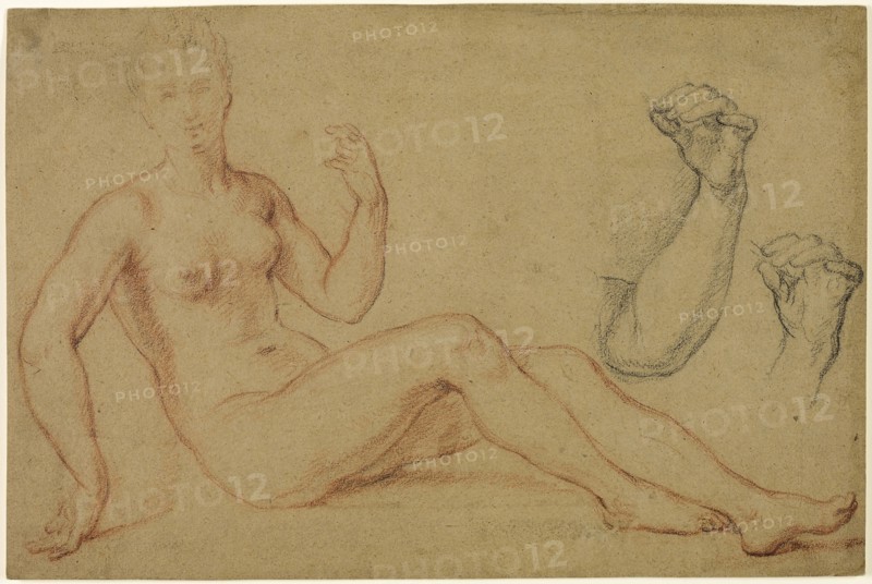 Seated Female Nude with Sketch of Hand and Sketch of Forearm, n.d., Louis de Boullogne, the elder, French, 1609-1674, France, Red and black chalk on tan wove paper, laid down on ivory laid paper, 247 × 370 mm