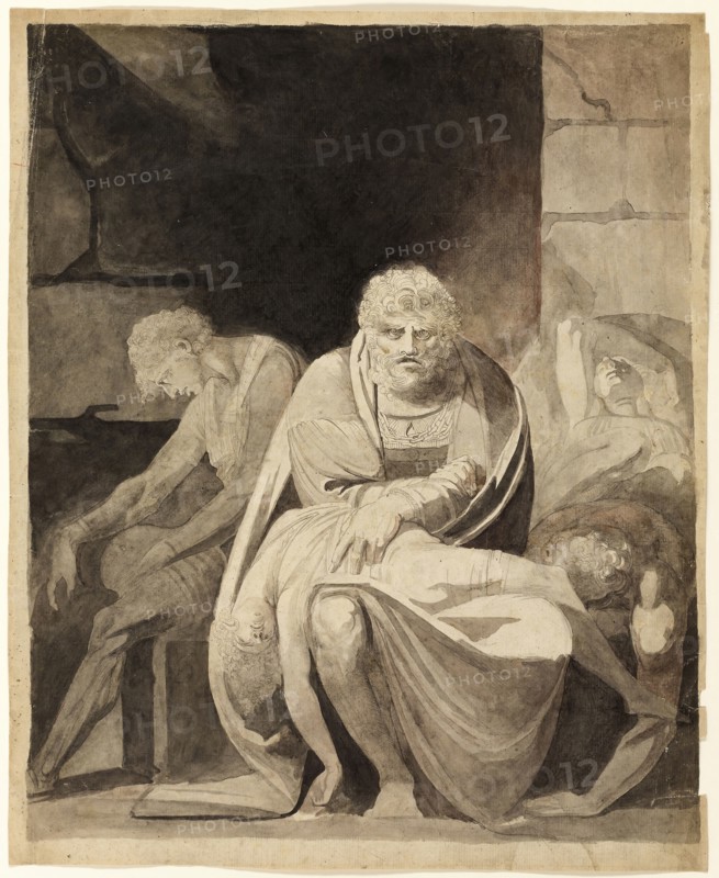 Ugolino and His Sons Starving to Death in the Tower, 1806, Henry Fuseli, Swiss, active in England, 1741-1825, England, Pen and black ink and brush and black, gray, and red wash, over traces of graphite, on grayish-ivory laid paper, 639 × 522 mm