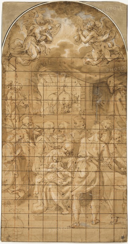 Adoration of the Christ Child, 1580/1600, Filippo Bellini or circle of, Italian, c. 1550-1603, Italy, Pen and brown ink with brush and brown wash, heightened with lead white (partly oxidized), over traces of red chalk, on lunette-shaped tan laid paper, squared in red chalk and pen and brown ink, laid down on ivory laid card, 670 x 353 mm (max.)