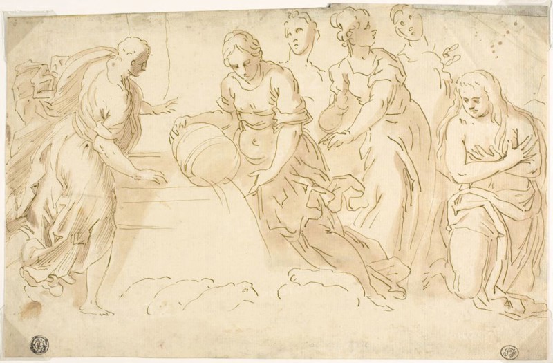Jacob and Rachel at the Well, late 17th century, After Jacopo Negretti, called Palma il Giovane, Italian, c. 1548-1628, Italy, Pen and brown ink with brush and brown wash, on ivory laid paper, 195 x 298 mm (max.)
