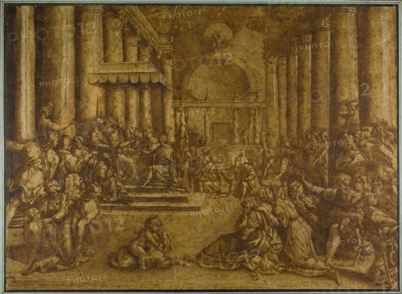 Donation of Constantine, n.d., Giulio Pippi, called Giulio Romano, after, Italian, c. 1499-1546, Italy, Pen and brown ink with brush and brown wash, heightened with white gouache, on laid paper, laid down on cream laid card, 409 x 556 mm