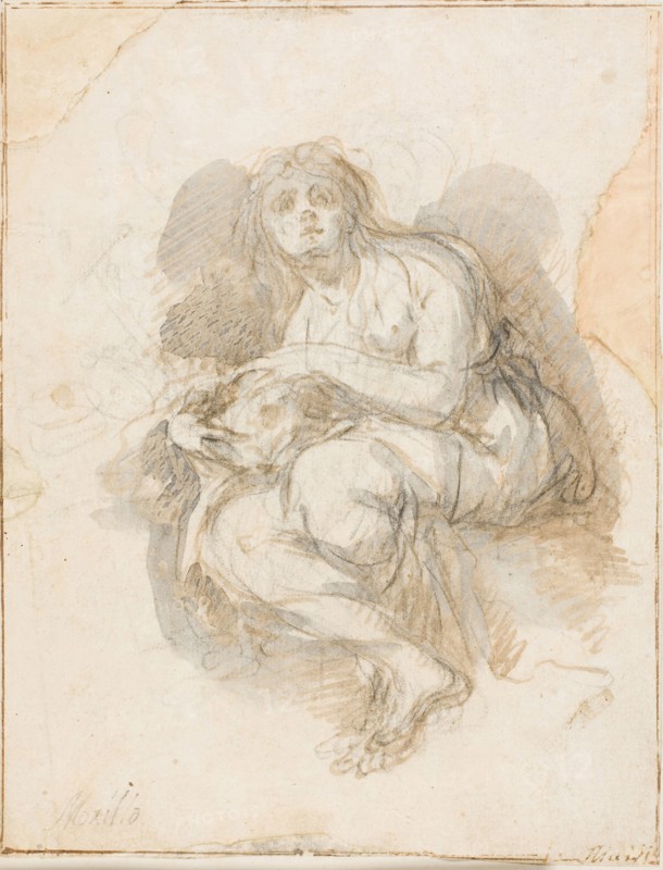 Female Saint Holding Skull, n.d., Possibly Bartolomé Estéban Murillo, Spanish, 1618-1682, Spain, Pen and brown ink with brush and gray wash, over black chalk, on ivory laid paper, laid down on ivory wove board, 188 x 145 mm