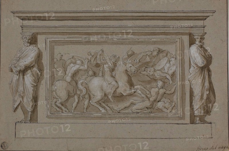 Design for Funerary Monument to the Marchese Francesco Gonzaga, n.d., After Raffaello Sanzio, called Raphael, Italian, 1483-1520, Italy, Pen and brown ink, with brush and brown wash, heightened with lead white (partly oxidized), on tan laid paper, laid down on ivory wove paper, 200 x 300 mm
