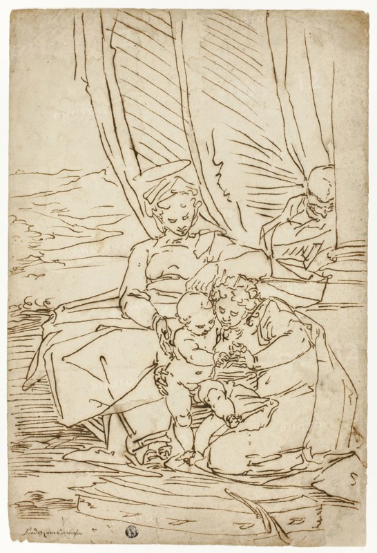 Holy Family with Saint Catherine, 1570/90, Attributed to Luca Cambiaso, Italian, 1527-1585, Italy, Pen and brown ink, on ivory laid paper, 420 x 282 mm (max.)