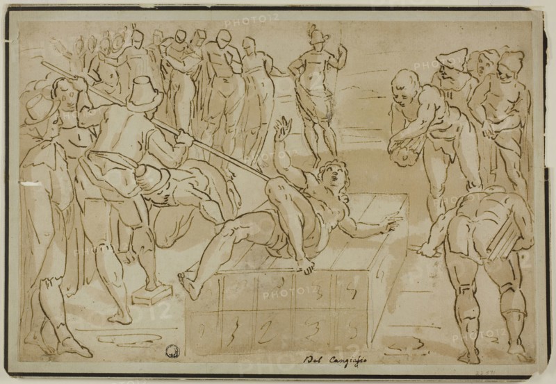Martyrdom of Saint Lawrence, c. 1580, School of Luca Cambiaso, Italian, 1527-1585, Italy, Pen and brown ink, with brush and brown wash, with traces of graphite, on ivory laid paper, laid down on gray laid paper, laid down on card, 236 x 355 mm