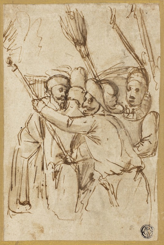 Carnival Figures, n.d., Attributed to Antonio Carracci (Italian, 1583-1618), or possibly Agostino Carracci (Italian, 1557-1602), Italy, Pen and brown ink with brush and brown wash, on ivory laid paper, laid down on cream laid card, 170 x 108 mm