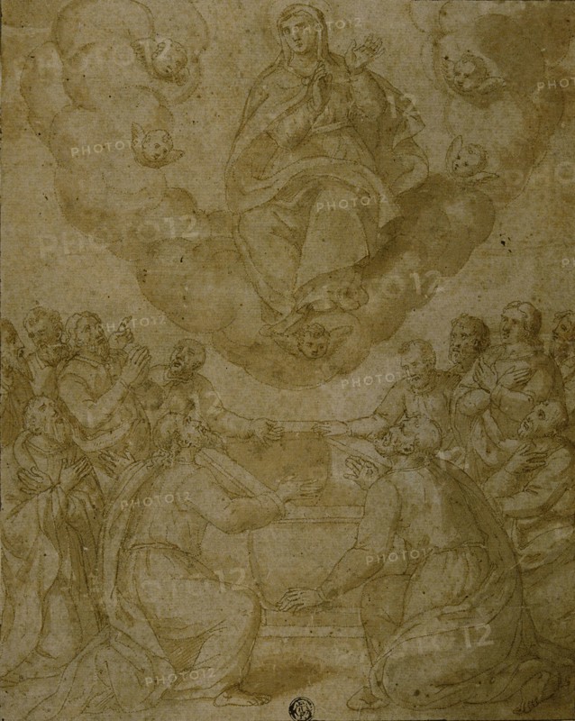 Assumption of the Virgin, n.d., Italian, Second half of the 16th Century, Italy, Pen and brown ink with brush and brown wash on tan laid paper, pricked for transfer, laid down on cream laid card with pink and orange watercolor border, 289 x 230 mm