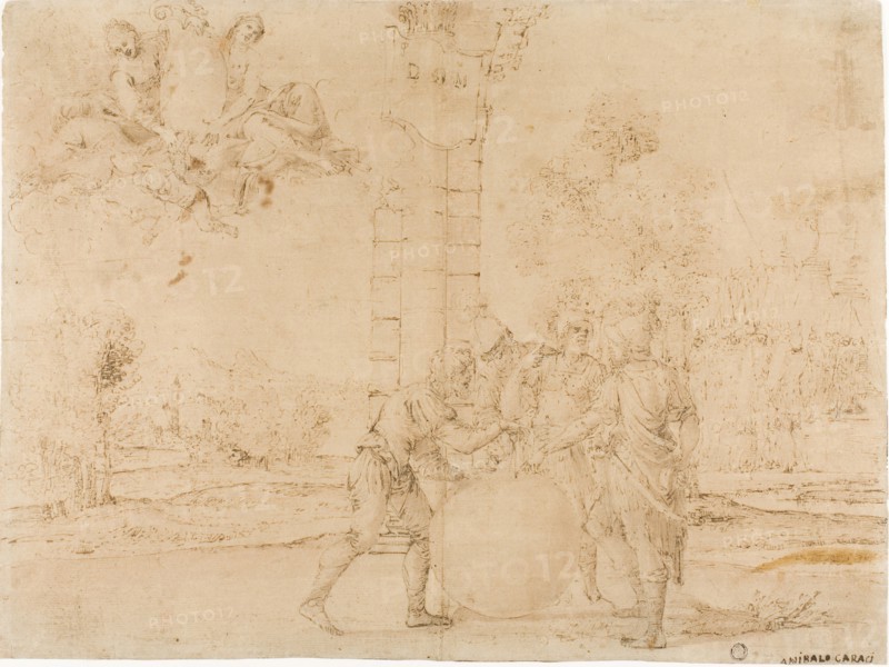 Octavian, Mark Antony, and Lepidus Dividing the Roman Empire, with Bologna in the Background, c. 1622, Francesco Brizio, Italian, 1574-1623, Italy, Pen and brown ink, with brush and brown wash, on brown laid paper, laid down on cream laid card, 384 x 515 mm