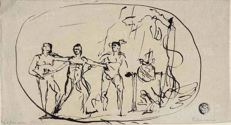 Three Figures, 1767, Giovanni Battista Cipriani, Italian, 1727-1785, Italy, Pen and brown ink, on ivory laid paper, 111 x 203 mm