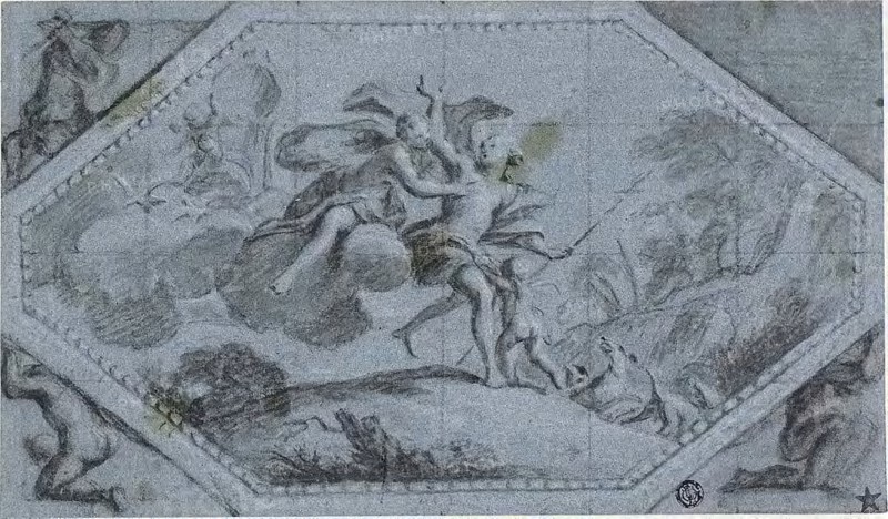 Ceiling Decoration with Venus and Adonis, n.d., Attributed to Giovanni Battista Cipriani, Italian, 1727-1785, Italy, Black chalk, heightened with white chalk, squared in black chalk, on blue laid paper, laid down on gray wove paper, 195 x 332 mm