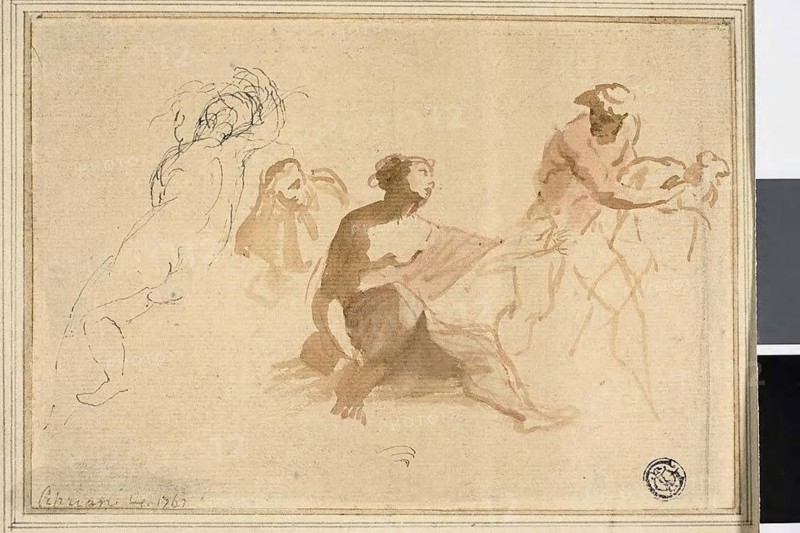 Two Sketches: Nude Child, Woman Reaching Toward Man with Lamb, 1762, Giovanni Battista Cipriani, Italian, 1727-1785, Italy, Pen and black ink, and brush and brown and red wash, on cream laid paper, laid down on cream laid paper, 118 x 168 mm