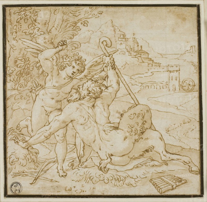 Cupid Overcoming Pan, n.d., Orazio Samacchini, Italian, 1532-1577, Italy, Pen and brown ink, with brush and brown wash, squared in black chalk, on ivory laid paper, laid down on ivory laid card, 158 x 161 mm
