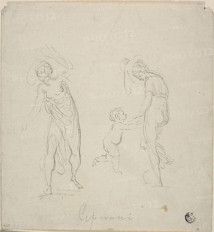 Two Sketches: Standing Woman, Woman Dancing with Child, n.d., Giovanni Battista Cipriani, Italian, 1727-1785, Italy, Black chalk, on ivory laid paper, 204 x 190 mm