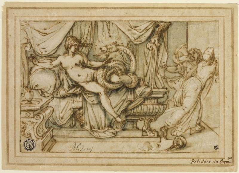Olympias, Mother of Alexander, Visited by Zeus in the Guise of a Serpent, 1595/99, Attributed to Andrea Boscoli, Italian, c. 1560-1608, Italy, Pen and brown ink, with brush and grayish-green wash, on ivory laid paper, laid down on cream laid paper, 110 x 167 mm