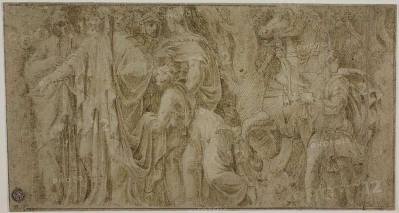 Story of Niobe: Niobe Receiving Gifts from Worshippers, Youth with Horse, late 16th century, After Polidoro Caldara, called Polidoro da Caravaggio, Italian, c. 1499-c. 1543, Italy, Pen and brown ink over traces of black chalk on tan laid paper, laid down on ivory laid paper, 154 x 291 mm