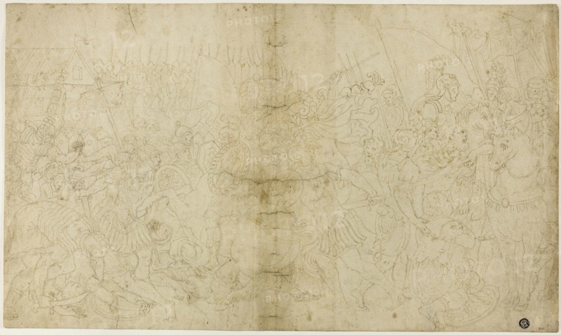 Roman Conquest, n.d., Follower of Girolamo Sellari, called Girolamo da Carpi, Italian, 1501-1556, Italy, Pen and brown ink, over black chalk, on ivory laid paper, 320 x 542 mm