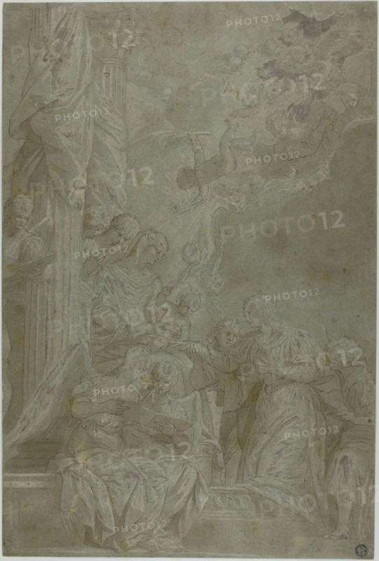 Mystic Marriage of Saint Catherine, late 17th century, Paolo Caliari, called Paolo Veronese, Italian, 1528-1588, Italy, Pen and brown ink with brush and brown wash, heightened with lead white (partly oxidized), on blue-gray laid paper, laid down on cream laid paper, 443 x 298 mm