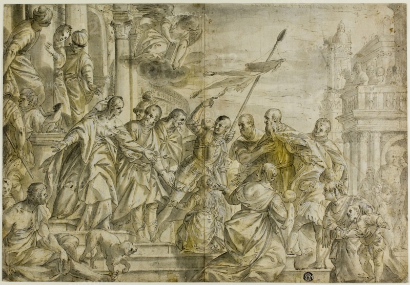 Saints Mark and Marcellian Led to Their Execution, while Comforted by Saint Sebastian, 18th century, Paolo Caliari, called Paolo Veronese, Italian, 1528-1588, Italy, Pen and black ink with brush and gray wash, heightened with lead white (partly oxidized) and touches of orange gouache, on ivory laid paper, laid down on tan wove paper, 291 x 421 mm