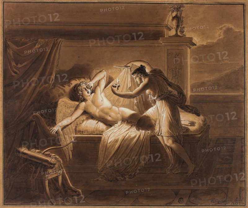 Cupid and Psyche, 1821, Giuseppe Cammarano, Italian, 1766-1850, Italy, Pen and black ink and brush and brown wash heightened with lead white (discolored), on cream wove paper prepared with an orange wash, laid down on cream board, 355 x 430 mm