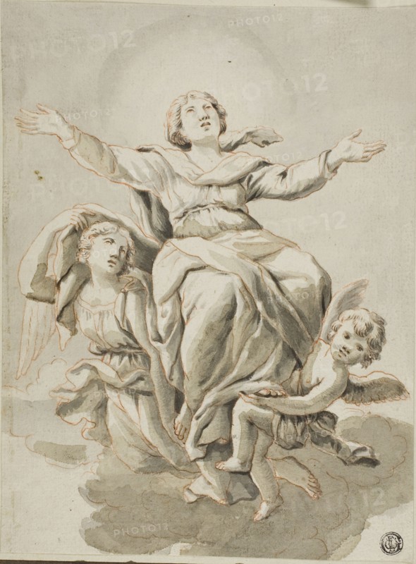 Assumption (recto) Portrait Heads, various Sketches (verso), 18th century, Probably after Guido Canlassi, Italian, 1601-1681, Italy, Red chalk with brush and brown and gray wash (recto). Graphite with brush and gray green and brown wash (verso) on ivory laid paper, tipped onto cream laid paper, 245 x 184 mm