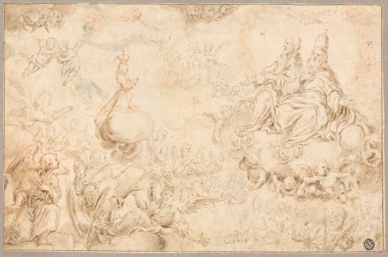 The Holy Infant Adoring the Trinity, n.d., Attributed to Alonso Cano, Spanish, 1601-1667, Spain, Pen and brown ink and red chalk and brush and brown and gray wash over black chalk, on ivory laid paper, laid down on gray wove card, 226 x 347 mm