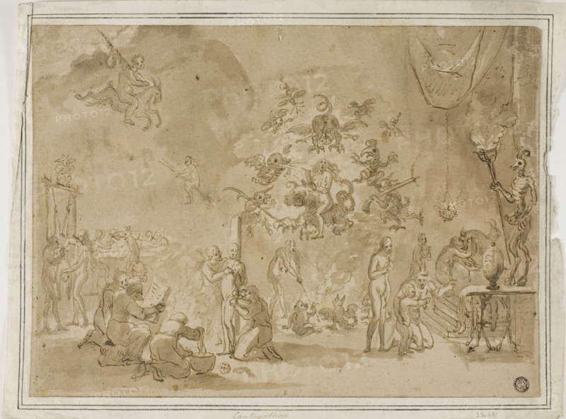 Scene of Witchcraft and Devil Worship, n.d., Attributed to David Teniers the Younger (Flemish, 1610-1690), or Remigio Cantagalina (Italian, 1582-1656), Flanders, Pen and brown ink with brush and brown wash, over traces of black chalk, on brown laid paper, laid  down on ivory laid paper, 248 × 338 mm