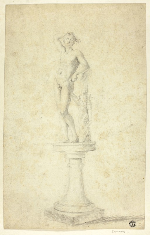 Statue of Apollo, n.d., Unknown Artist, French, 18th century, France, Black chalk on cream laid paper, tipped onto cream wove paper, 340 × 215 mm