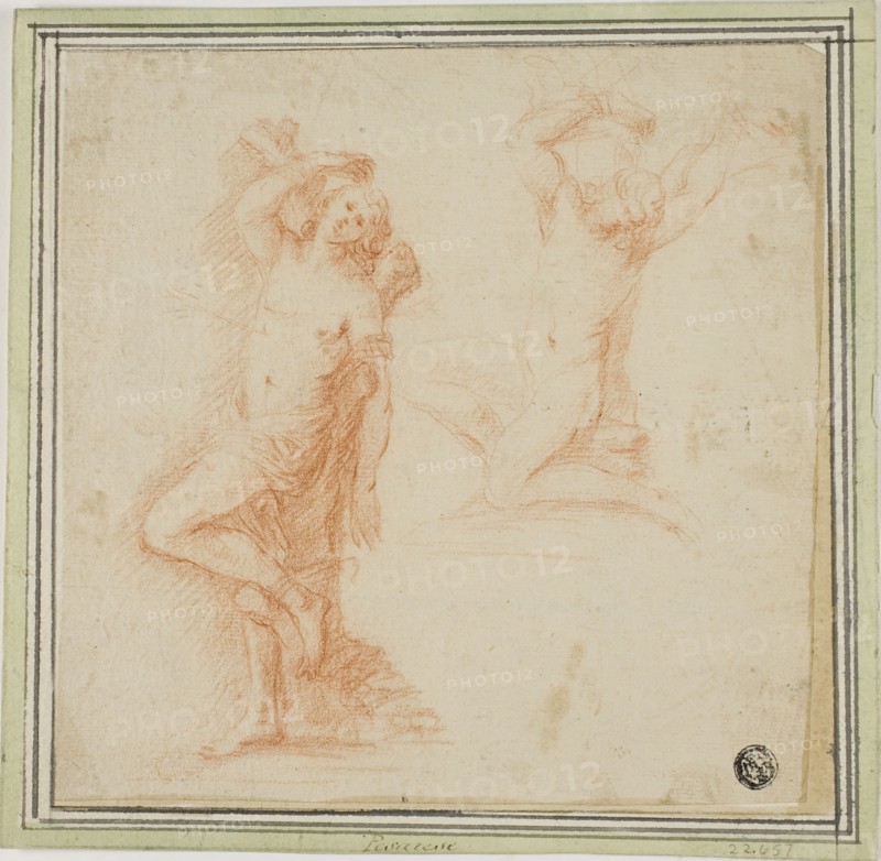 Two Sketches of Saint Sebastian, c. 1639, Attributed to Simone Cantarini, Italian, 1612-1648, Italy, Red chalk on cream laid paper, laid down on cream laid paper, 180 x 181 mm