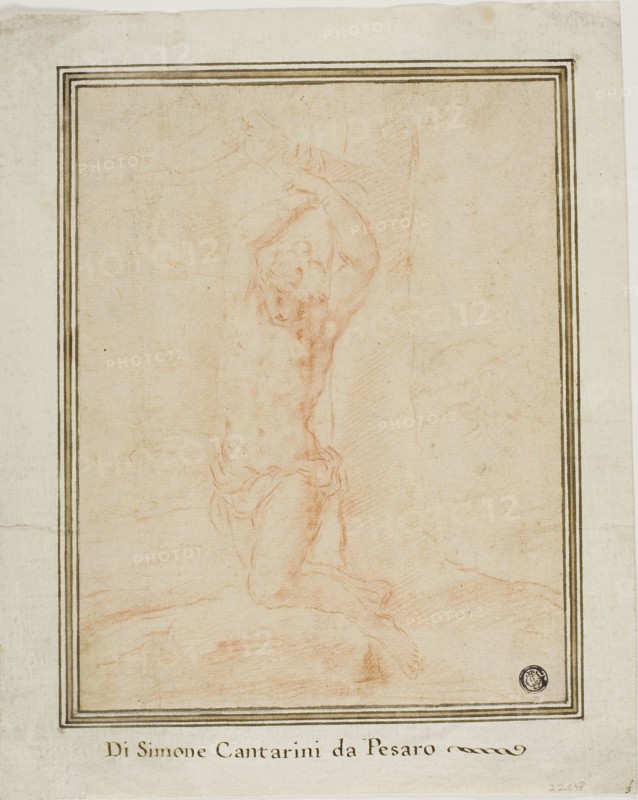 Saint Sebastian, c. 1639, Attributed to Simone Cantarini, Italian, 1612-1648, Italy, Red chalk on cream laid paper, laid down on ivory wove paper, 228 x 178 mm