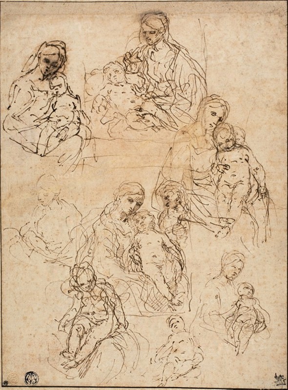 Sketches of the Virgin and Child, and the Holy Family, 1642/48, Simone Cantarini, Italian, 1612-1648, Italy, Pen and brown ink on buff laid paper, laid down on cream board, 272 x 202 mm