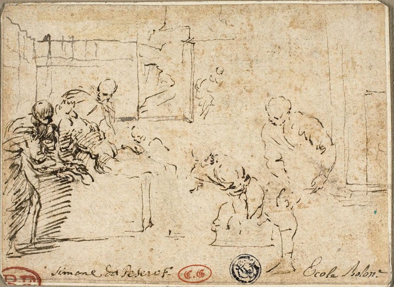 Interior with Male Nude Surrounded by Five Figures, n.d., Attributed to Simone Cantarini, Italian, 1612-1648, Italy, Pen and brown ink, with traces of black chalk, on ivory laid paper, laid down on ivory laid paper, tipped onto gray-green laid paper, 93 x 127 mm