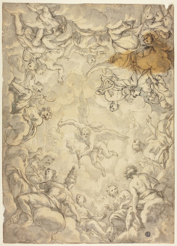 Prometheus Taking Fire From Olympus, n.d., Possibly Ludovico Cardi, called Il Cigoli (Italian, 1559-1613), or possibly Marco Antonio Franceschini (Italian, 1648-1729), or possibly Circle of Lorenzo de’ Ferrari (Italian, 1680-1744), or possibly Circle of Paolo de Matteis (Italian, 1662-c. 1728), Italy, Pen and brown ink with brush and gray wash, over traces of black chalk, on tan laid paper, 446 x 318 mm