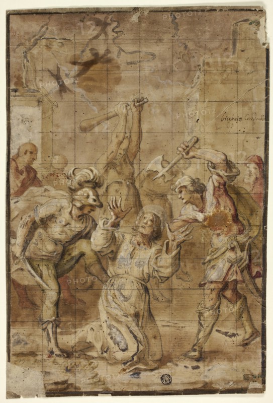 Martyrdom of a Saint, 1626/32, Workshop of Vicencio Carducho, Italian, 1570-1638, Italy, Watercolor and black chalk, heightened with lead white (discolored), on cream laid paper, laid down on ivory laid paper, 344 x 236 mm
